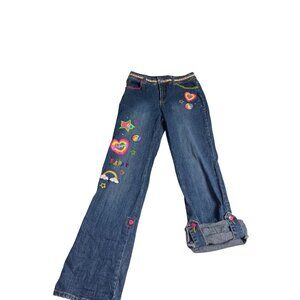 Lisa Frank 90’s Y2K Girls Patchwork Denim Jeans 12  Colorful Embroidered Designs